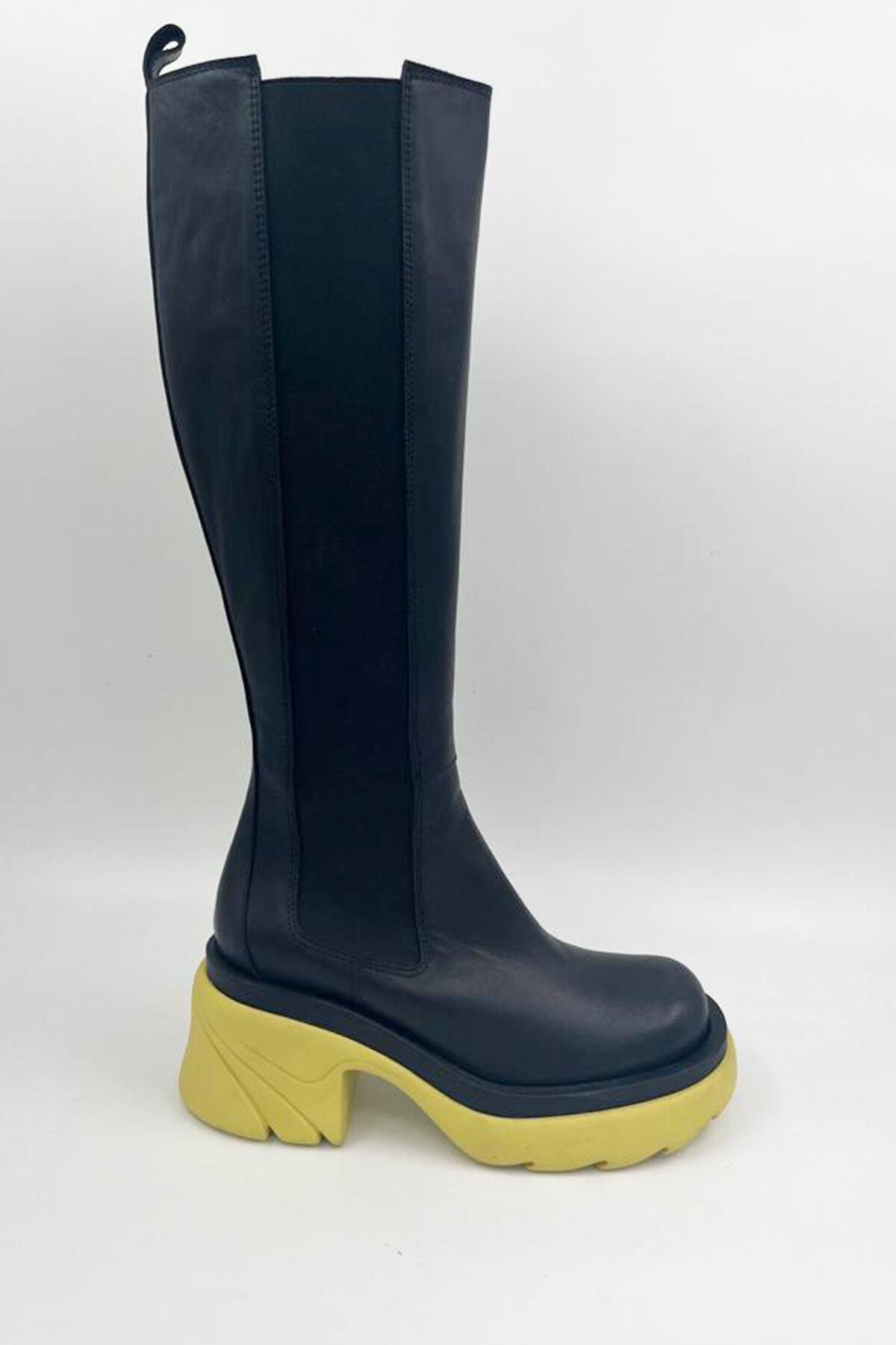 Kadın Deri Çizme Sarı Taban Siyah