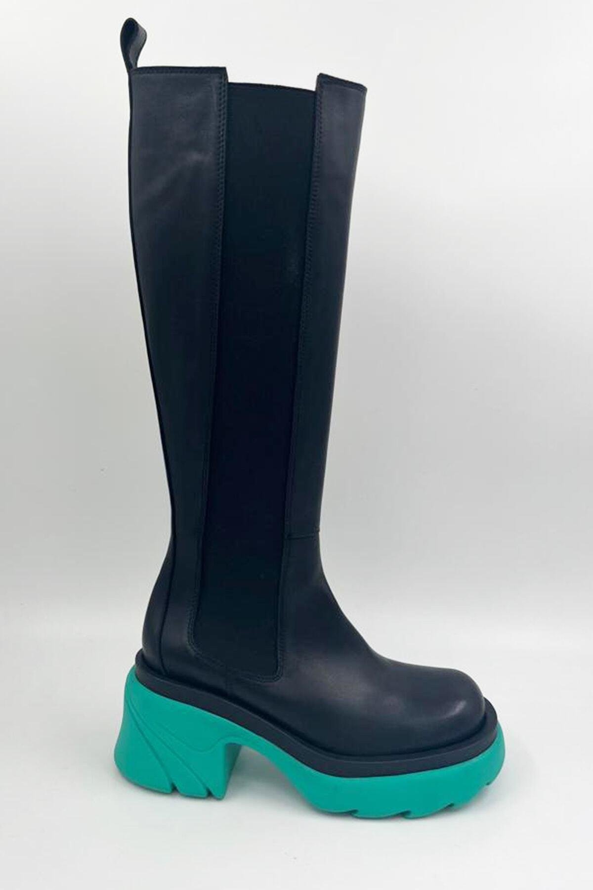 Kadın Deri Çizme Turkuaz Taban Siyah