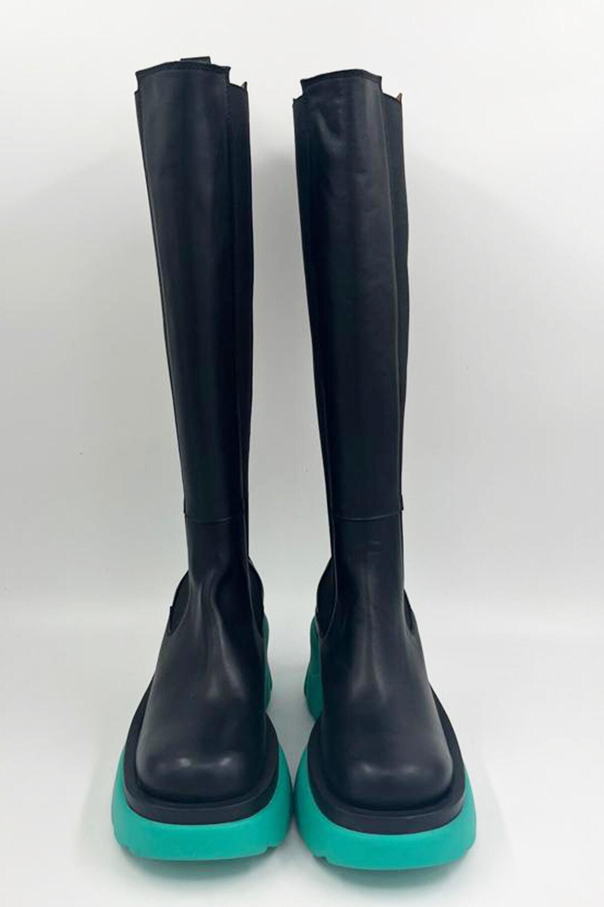 Kadın Deri Çizme Turkuaz Taban Siyah