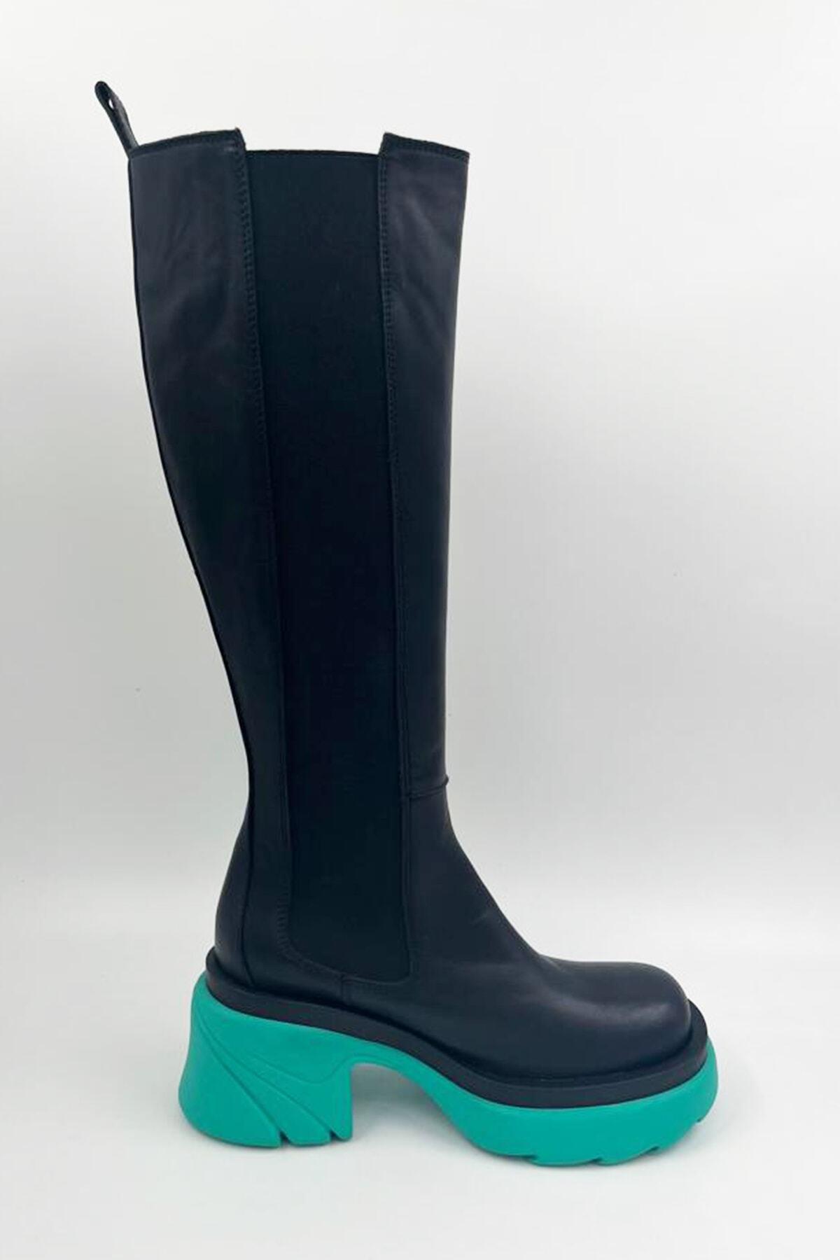 Kadın Deri Çizme Turkuaz Taban Siyah