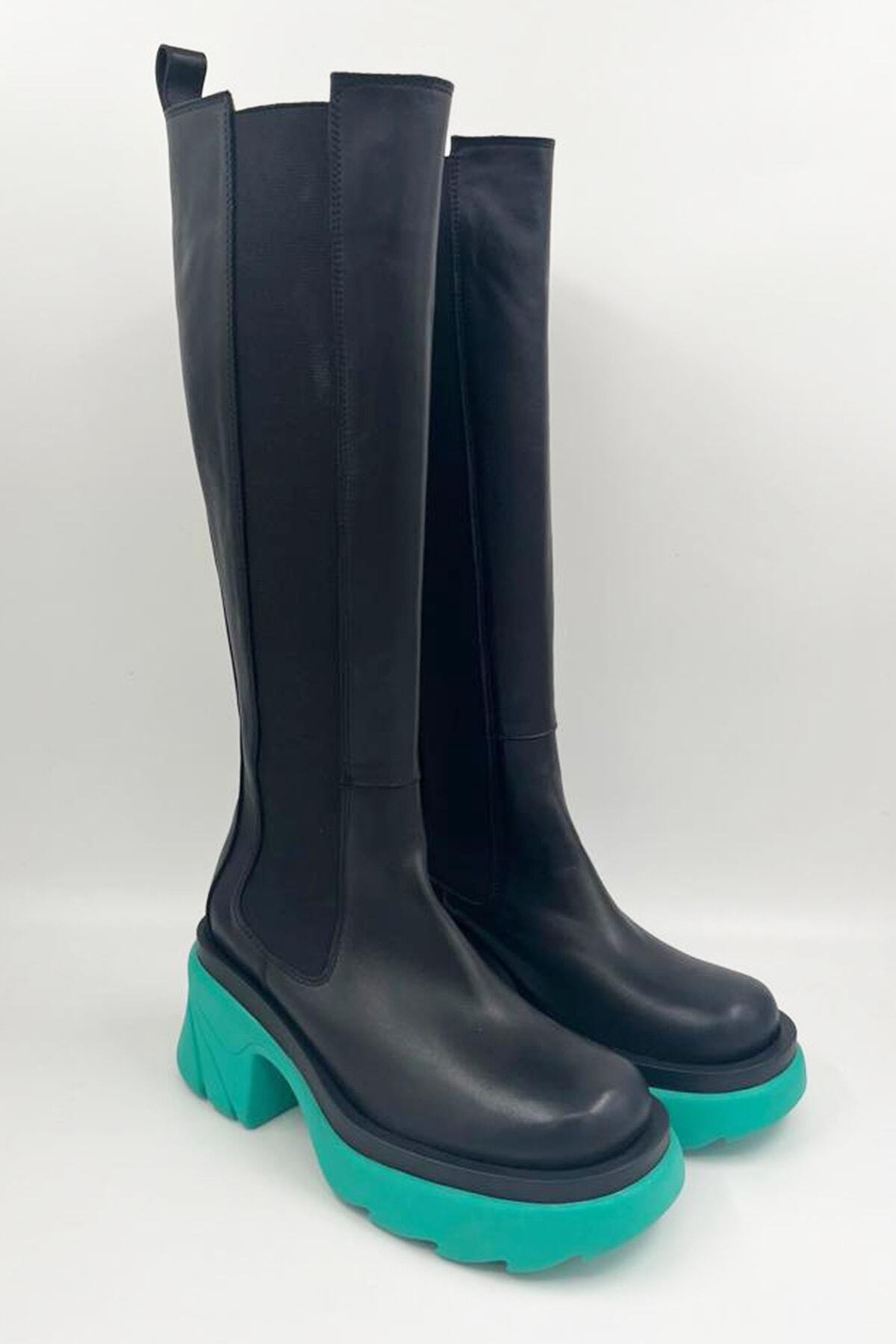 Kadın Deri Çizme Turkuaz Taban Siyah
