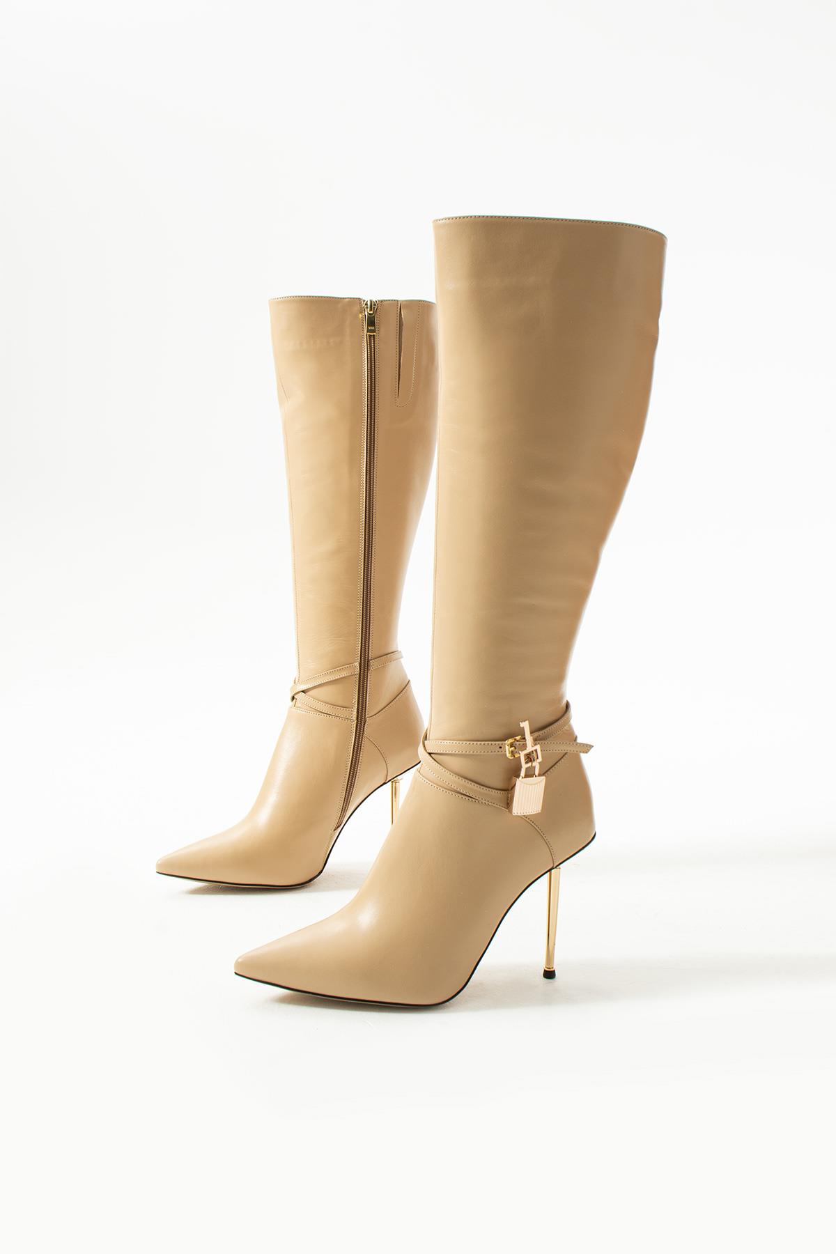 Kadın Hakiki Deri Aksesuarlı Çizme Camel