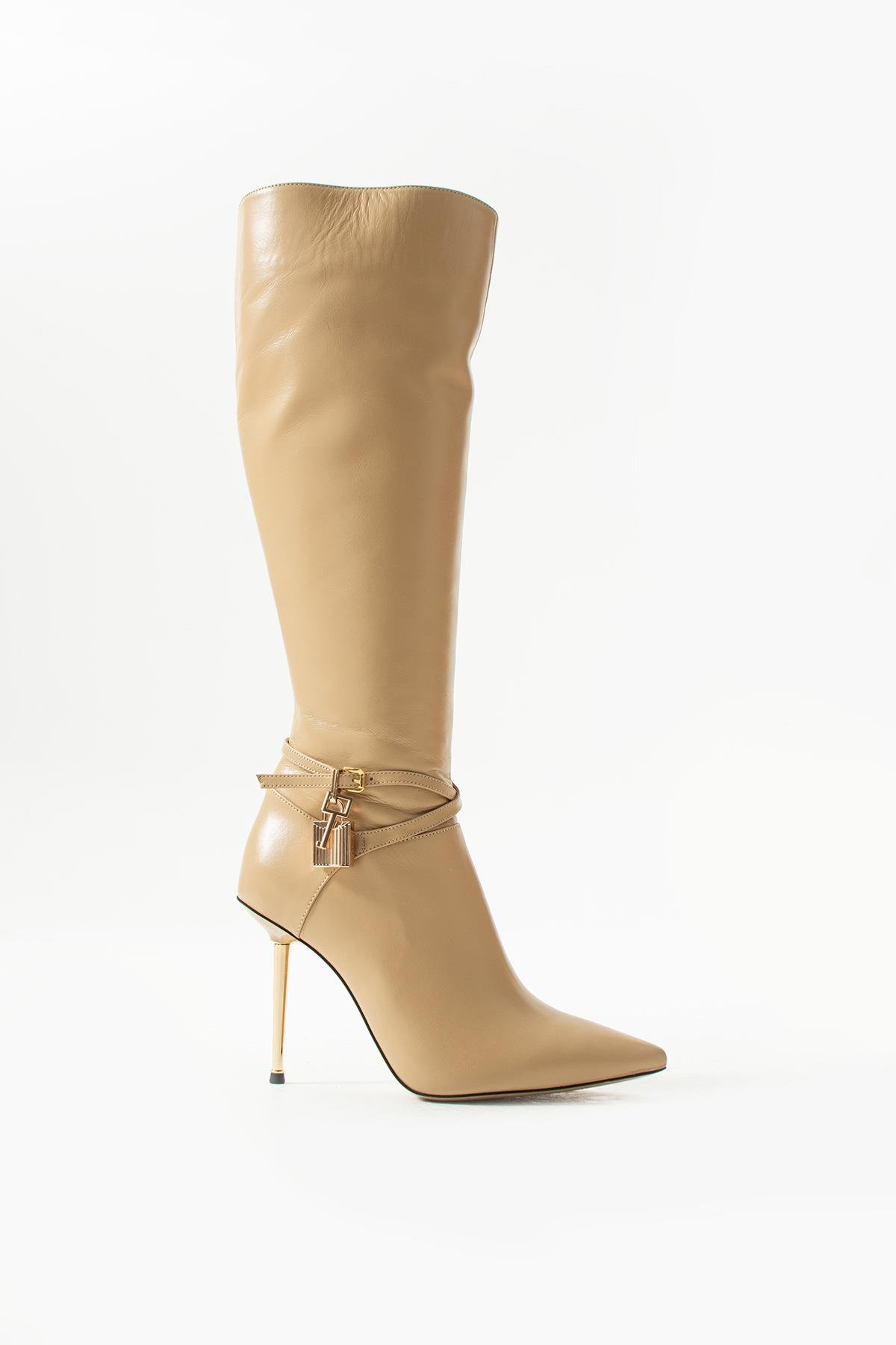 Kadın Hakiki Deri Aksesuarlı Çizme Camel