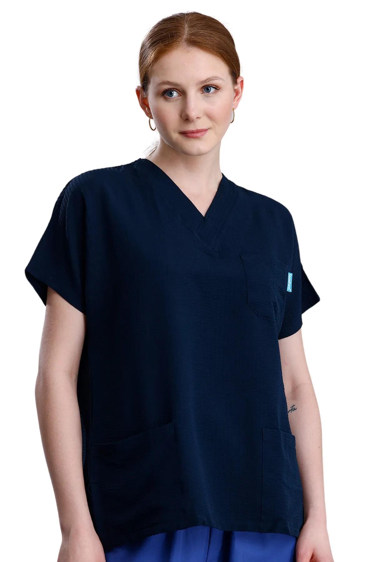 Snow Form Medical Apparel Cerrahi Doktor Hemşire Scrubs Lacivert Yeni Trend Forma Tek Üst - Gofre Dökümlü Likralı -