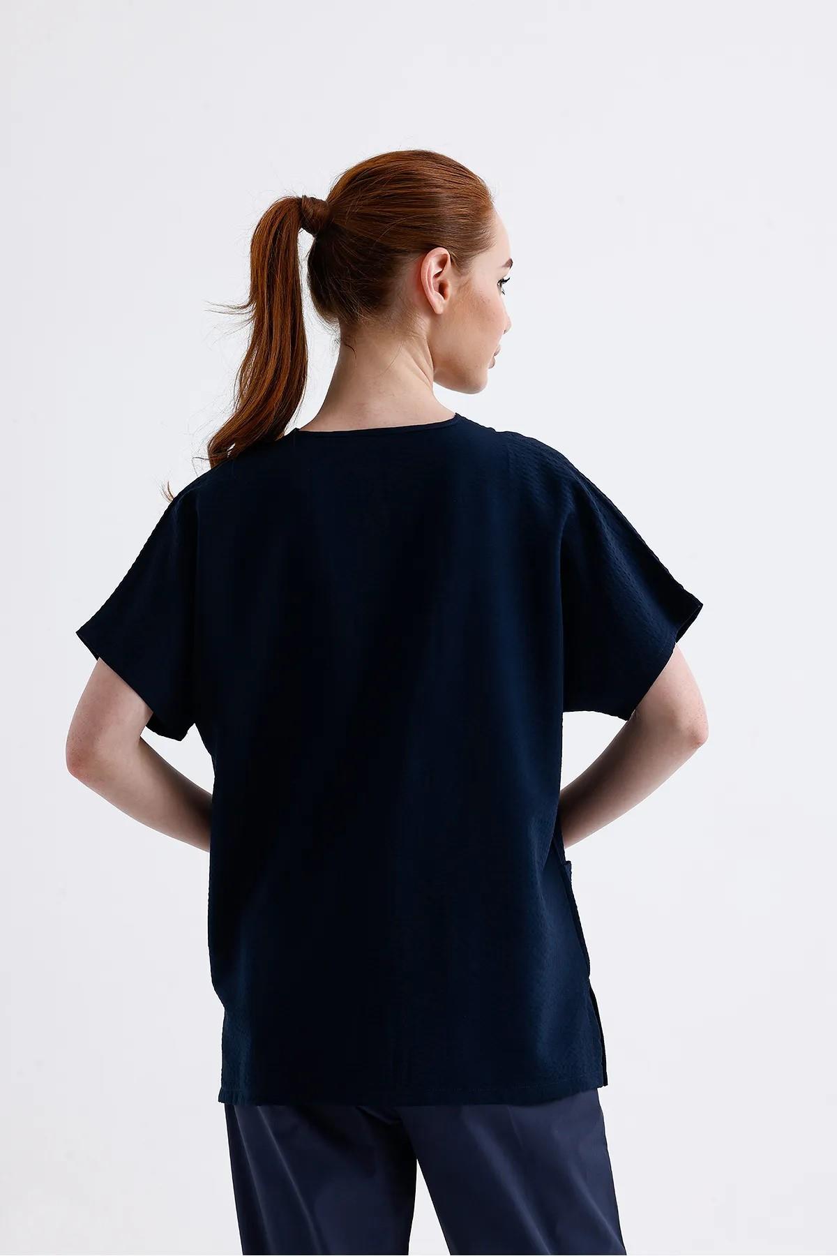 Snow Form Medical Apparel Cerrahi Doktor Hemşire Scrubs Lacivert Yeni Trend Forma Tek Üst - Gofre Dökümlü Likralı -