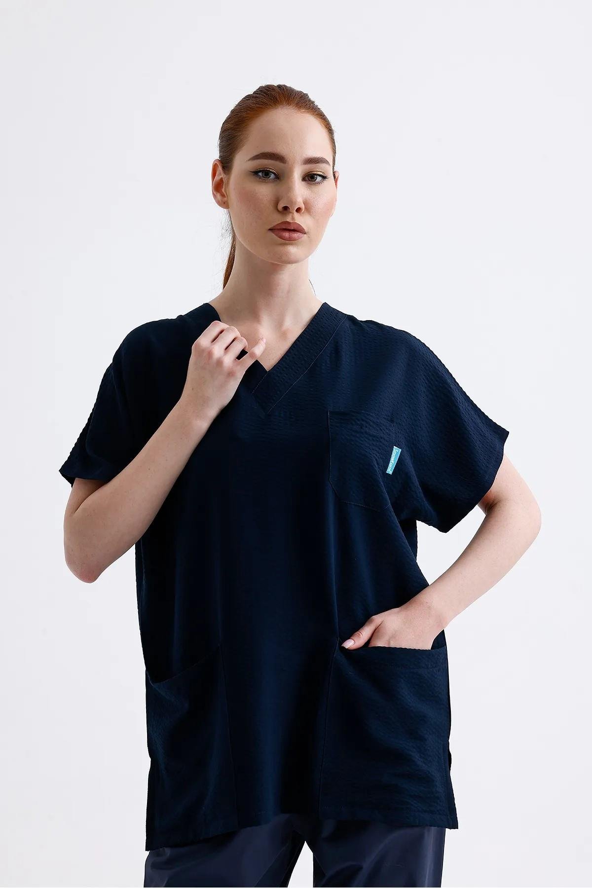 Snow Form Medical Apparel Cerrahi Doktor Hemşire Scrubs Lacivert Yeni Trend Forma Tek Üst - Gofre Dökümlü Likralı -