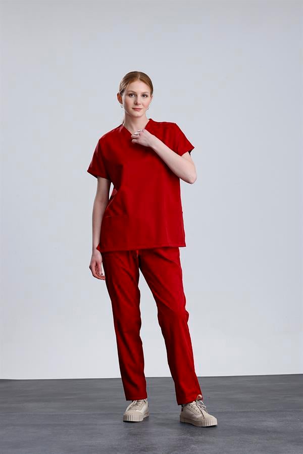 Snow Form Medical Apparel Üniforma Kırmızı Likralı Unisex Yarasa Kol Hemşire Ve Doktor Forması Takımı Scrubs