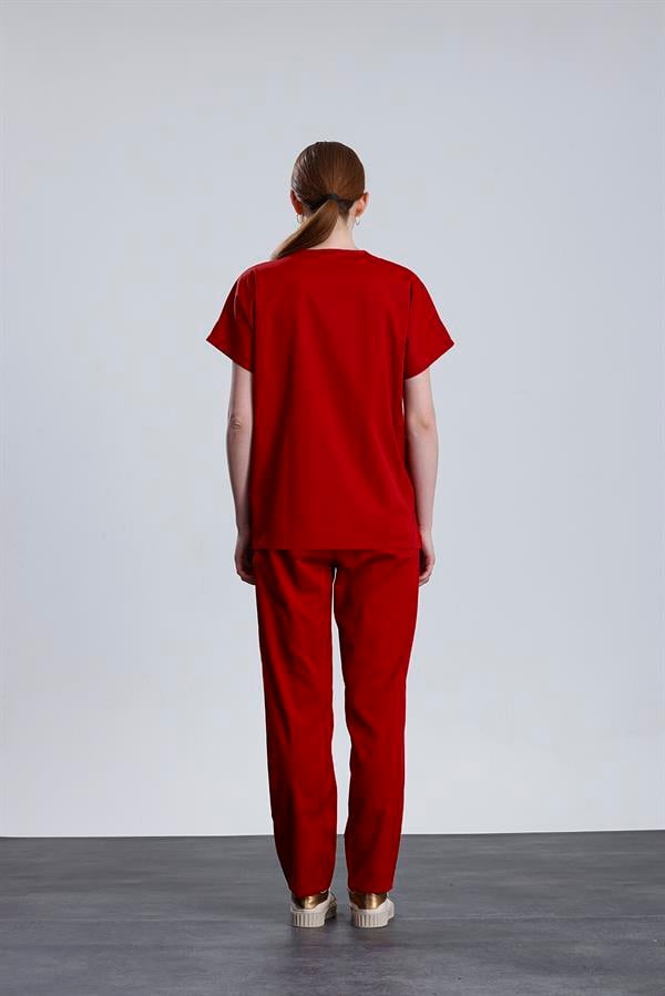 Snow Form Medical Apparel Üniforma Kırmızı Likralı Unisex Yarasa Kol Hemşire Ve Doktor Forması Takımı Scrubs