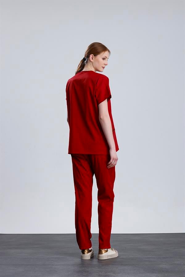 Snow Form Medical Apparel Üniforma Kırmızı Likralı Unisex Yarasa Kol Hemşire Ve Doktor Forması Takımı Scrubs