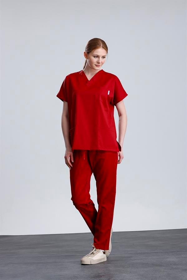 Snow Form Medical Apparel Üniforma Kırmızı Likralı Unisex Yarasa Kol Hemşire Ve Doktor Forması Takımı Scrubs