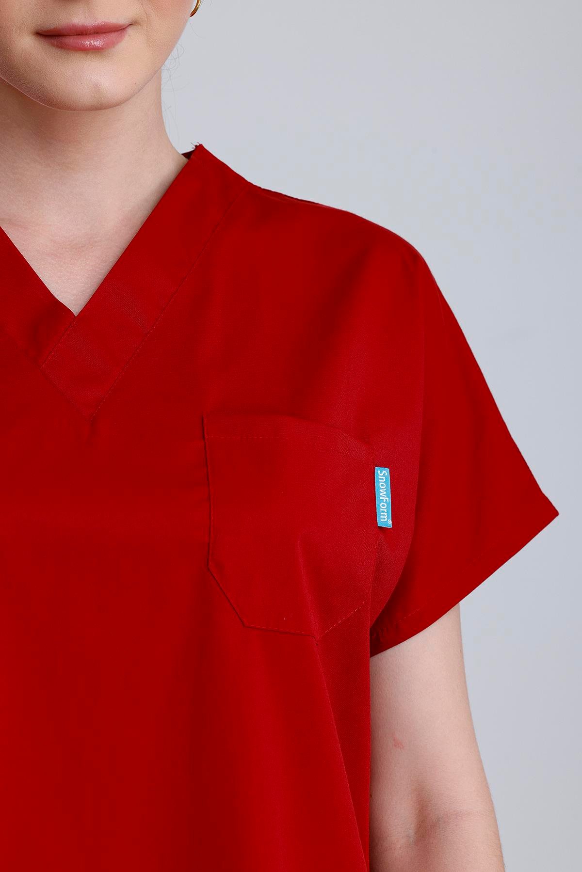 Snow Form Medical Apparel Üniforma Kırmızı Likralı Unisex Yarasa Kol Hemşire Ve Doktor Forması Takımı Scrubs