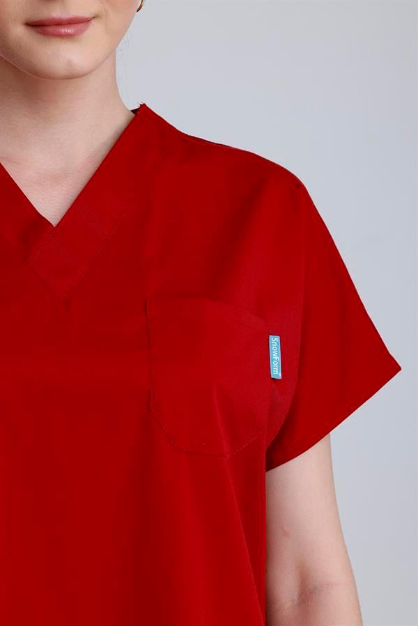 Snow Form Medical Apparel Üniforma Kırmızı Likralı Unisex Yarasa Kol Hemşire Ve Doktor Forması Takımı Scrubs