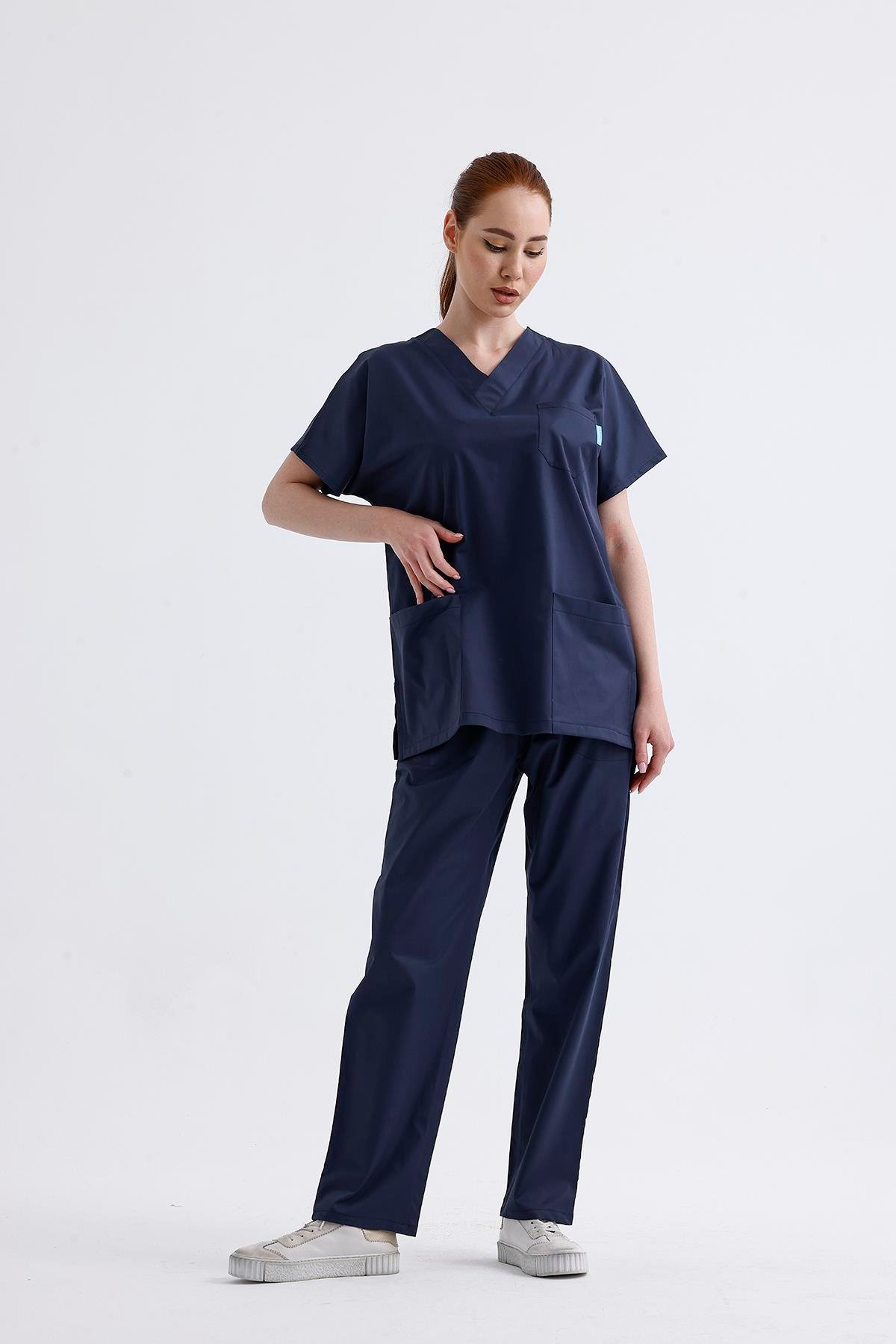 Snow Form Medical Apparel Üniforma Lacivert Likralı Unisex Yarasa Kol Hemşire Ve Doktor Forması Takımı Scrubs