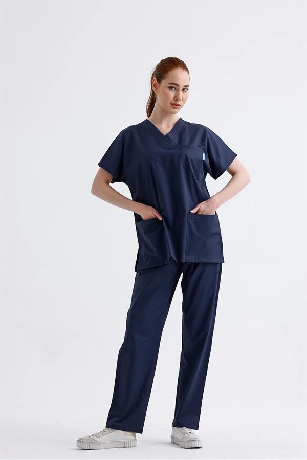 Snow Form Medical Apparel Üniforma Lacivert Likralı Unisex Yarasa Kol Hemşire Ve Doktor Forması Takımı Scrubs