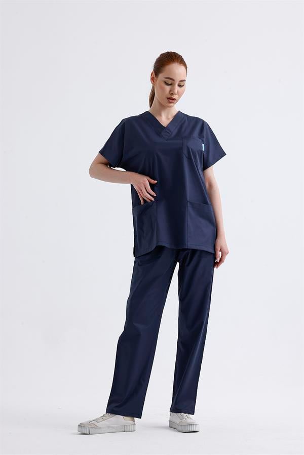 Snow Form Medical Apparel Üniforma Lacivert Likralı Unisex Yarasa Kol Hemşire Ve Doktor Forması Takımı Scrubs