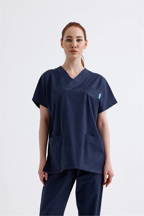 Snow Form Medical Apparel Üniforma Lacivert Likralı Unisex Yarasa Kol Hemşire Ve Doktor Forması Takımı Scrubs