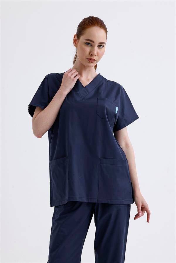 Snow Form Medical Apparel Üniforma Lacivert Likralı Unisex Yarasa Kol Hemşire Ve Doktor Forması Takımı Scrubs