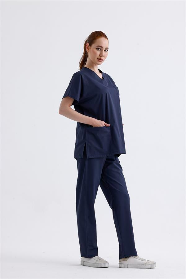 Snow Form Medical Apparel Üniforma Lacivert Likralı Unisex Yarasa Kol Hemşire Ve Doktor Forması Takımı Scrubs