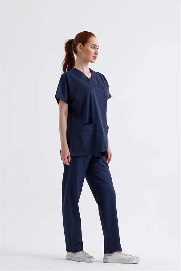 Snow Form Medical Apparel Üniforma Lacivert Likralı Unisex Yarasa Kol Hemşire Ve Doktor Forması Takımı Scrubs