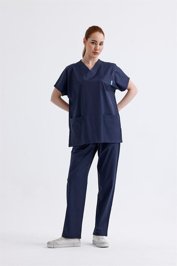 Snow Form Medical Apparel Üniforma Lacivert Likralı Unisex Yarasa Kol Hemşire Ve Doktor Forması Takımı Scrubs