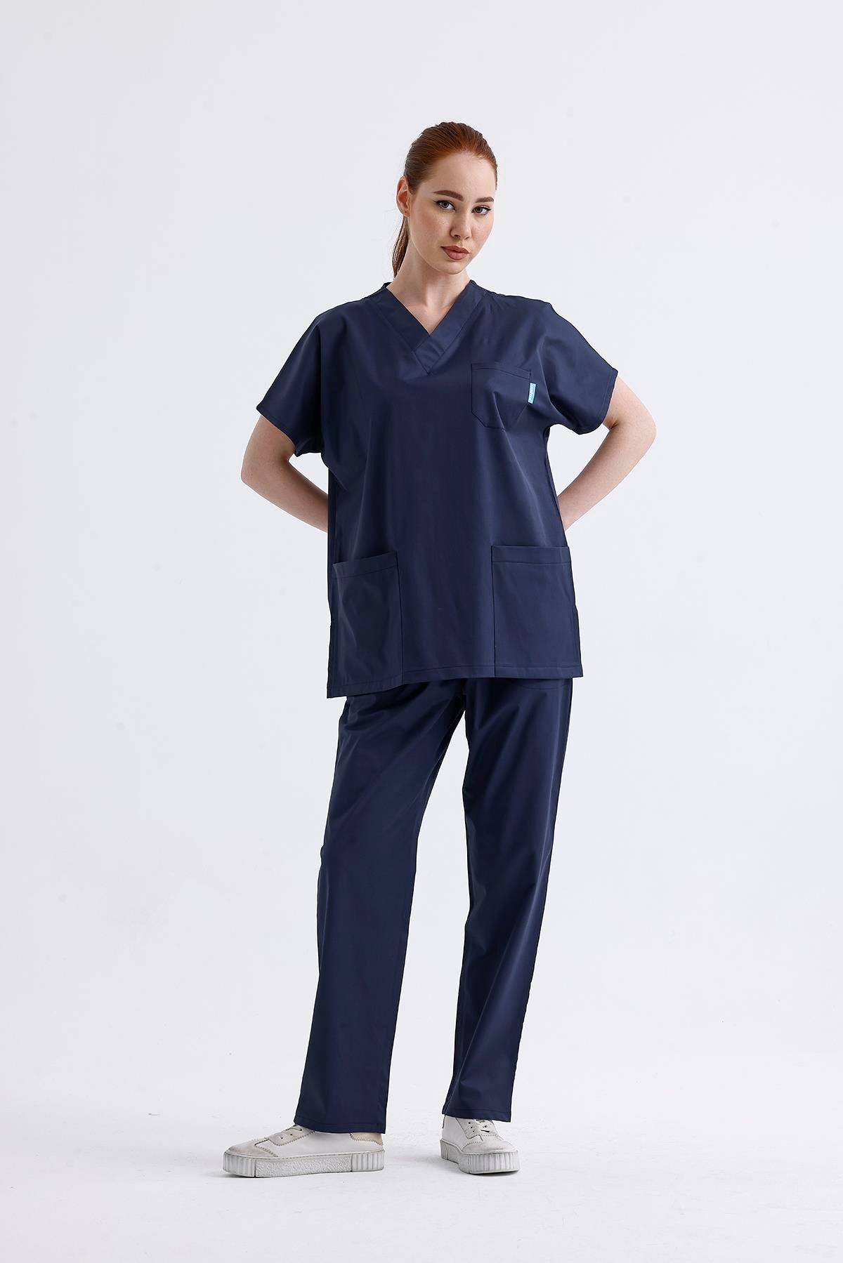 Snow Form Medical Apparel Üniforma Lacivert Likralı Unisex Yarasa Kol Hemşire Ve Doktor Forması Takımı Scrubs