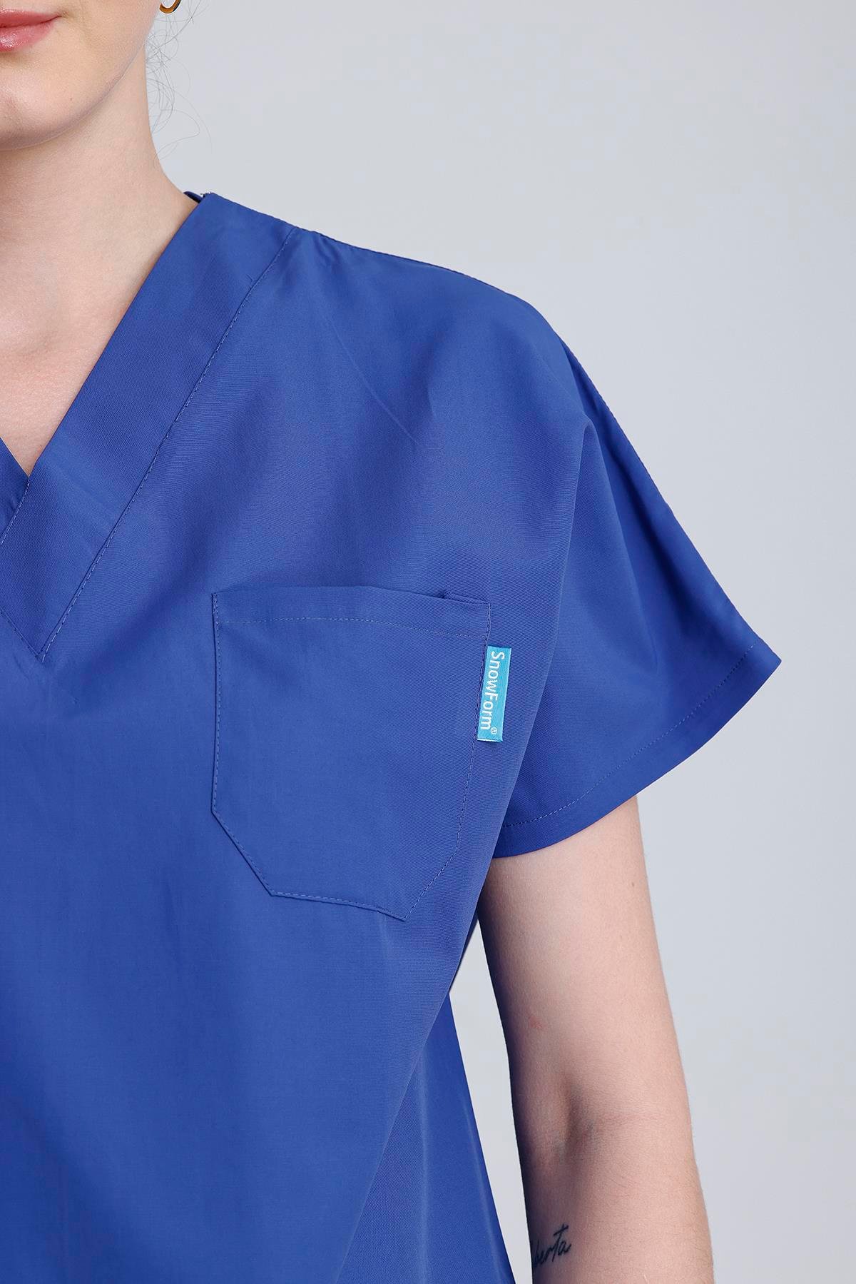 Snow Form Medical Apparel Üniforma Mavi Likralı Unisex Yarasa Kol Hemşire Ve Doktor Forması Takımı Scrubs