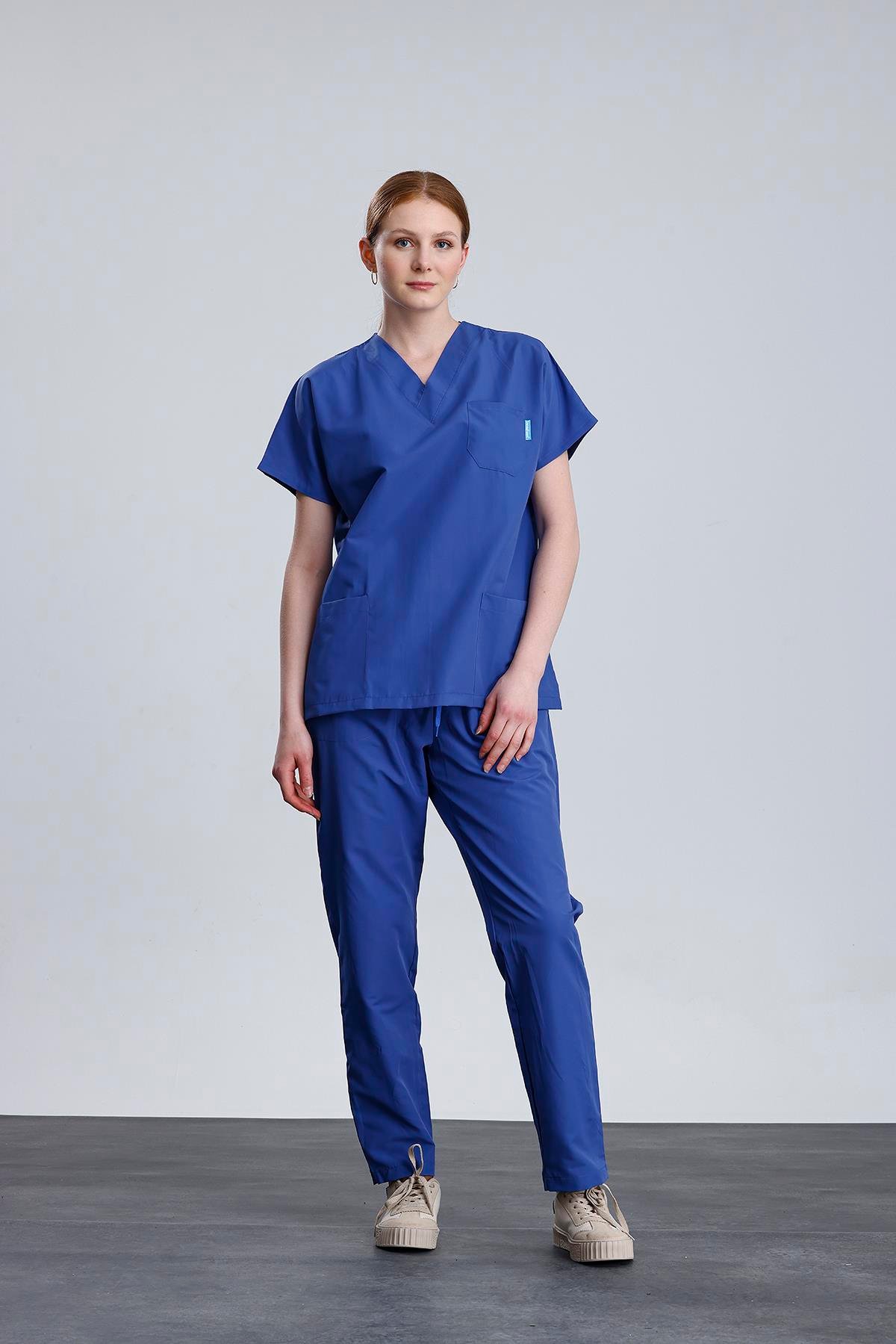 Snow Form Medical Apparel Üniforma Mavi Likralı Unisex Yarasa Kol Hemşire Ve Doktor Forması Takımı Scrubs
