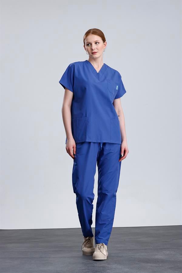 Snow Form Medical Apparel Üniforma Mavi Likralı Unisex Yarasa Kol Hemşire Ve Doktor Forması Takımı Scrubs