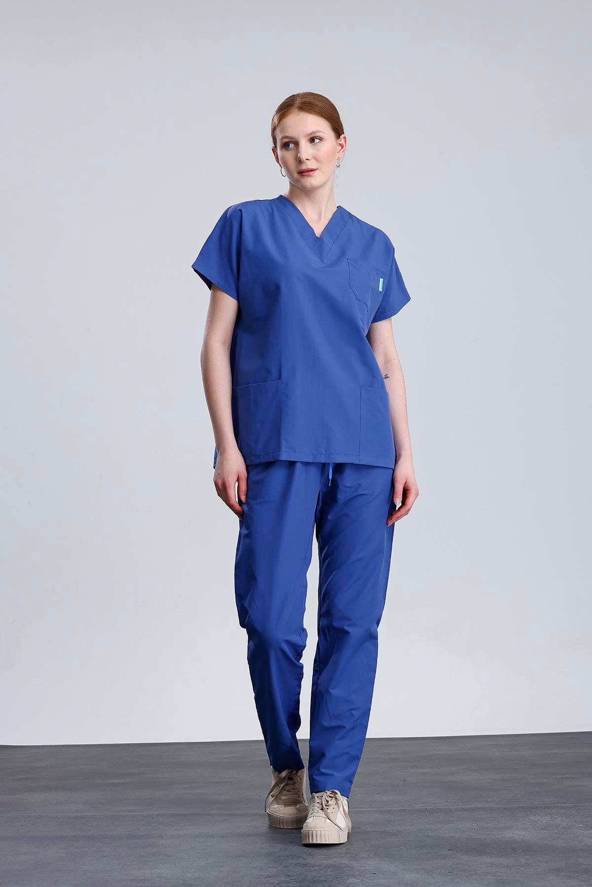 Snow Form Medical Apparel Üniforma Mavi Likralı Unisex Yarasa Kol Hemşire Ve Doktor Forması Takımı Scrubs