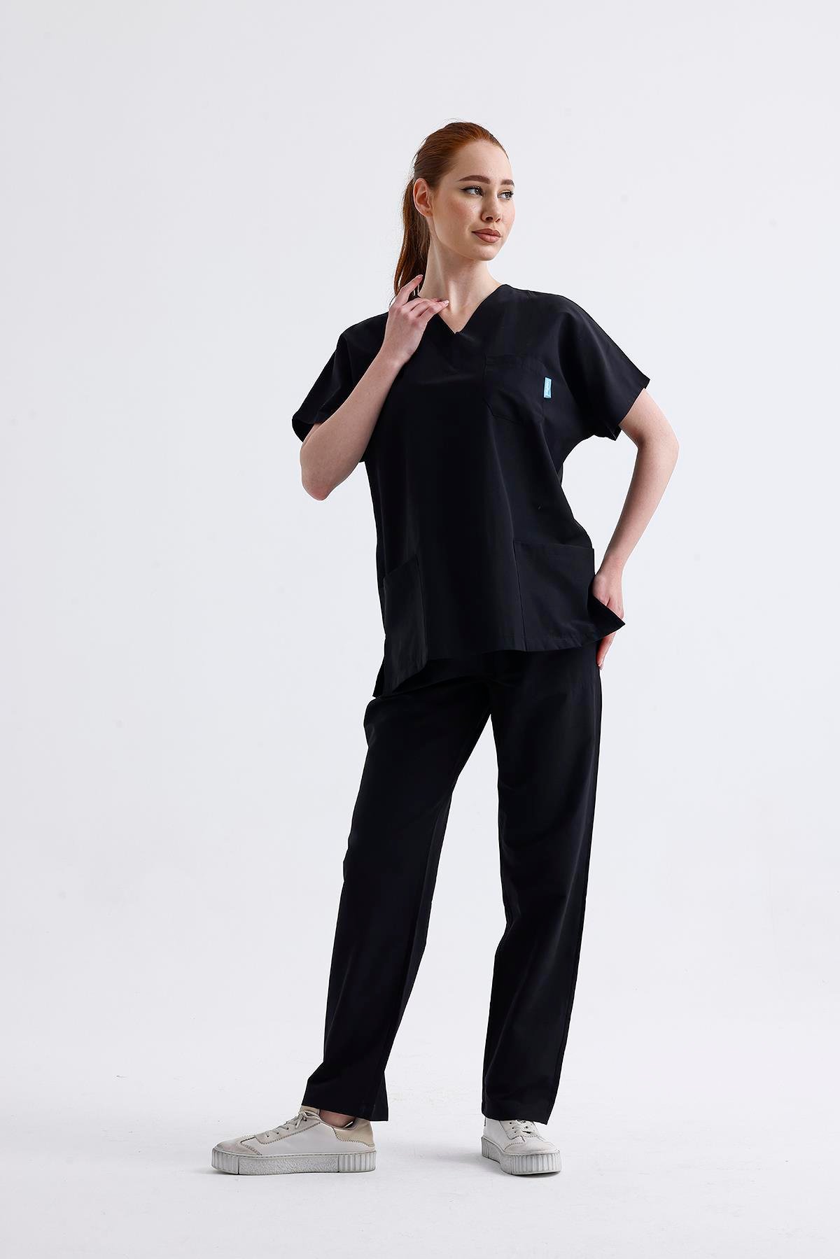 Snow Form Medical Apparel Üniforma Siyah Likralı Unisex Yarasa Kol Hemşire Ve Doktor Forması Takımı Scrubs