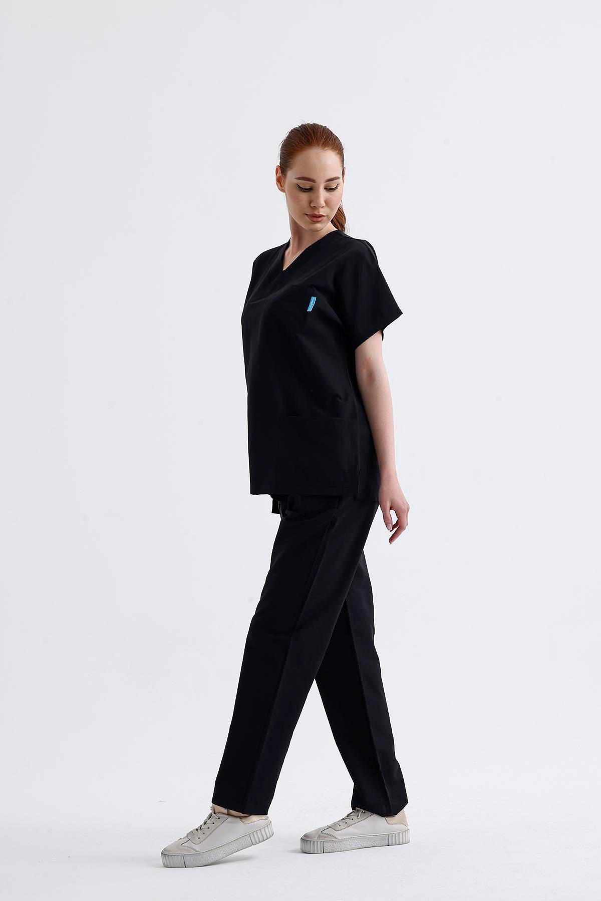 Snow Form Medical Apparel Üniforma Siyah Likralı Unisex Yarasa Kol Hemşire Ve Doktor Forması Takımı Scrubs