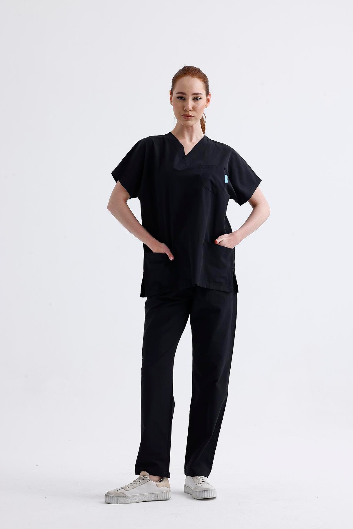 Snow Form Medical Apparel Üniforma Siyah Likralı Unisex Yarasa Kol Hemşire Ve Doktor Forması Takımı Scrubs