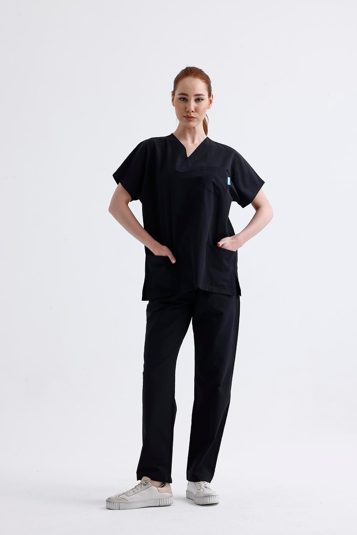 Snow Form Medical Apparel Üniforma Siyah Likralı Unisex Yarasa Kol Hemşire Ve Doktor Forması Takımı Scrubs