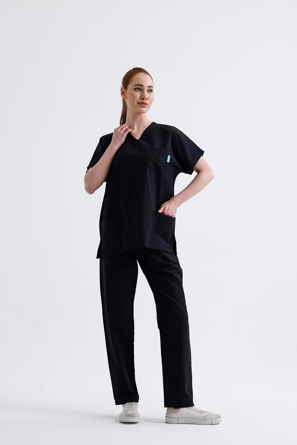Snow Form Medical Apparel Üniforma Siyah Likralı Unisex Yarasa Kol Hemşire Ve Doktor Forması Takımı Scrubs