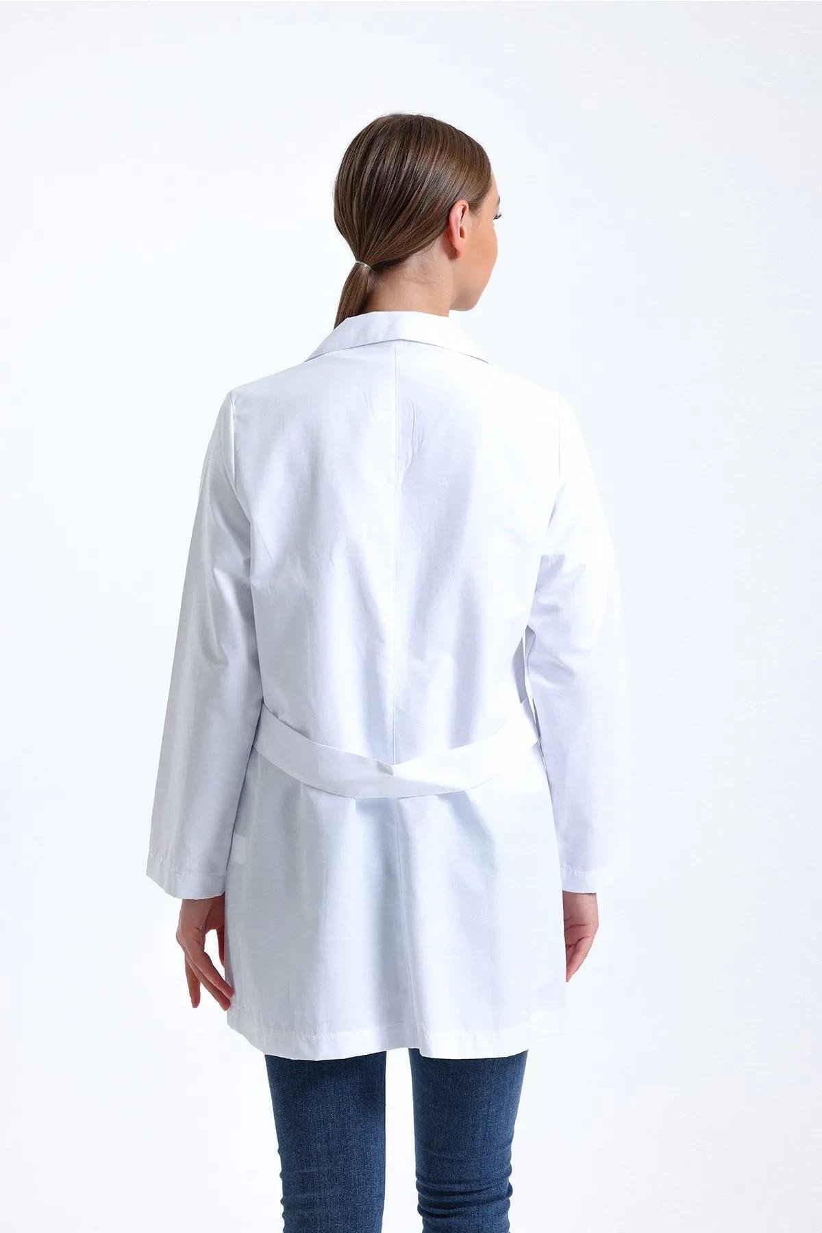 SnowForm Kadın Uzun Kol Beyaz Ceket Boy ÇıtÇıtlı Apaş Yaka Doktor Hemşire Öğretmen Önlüğü