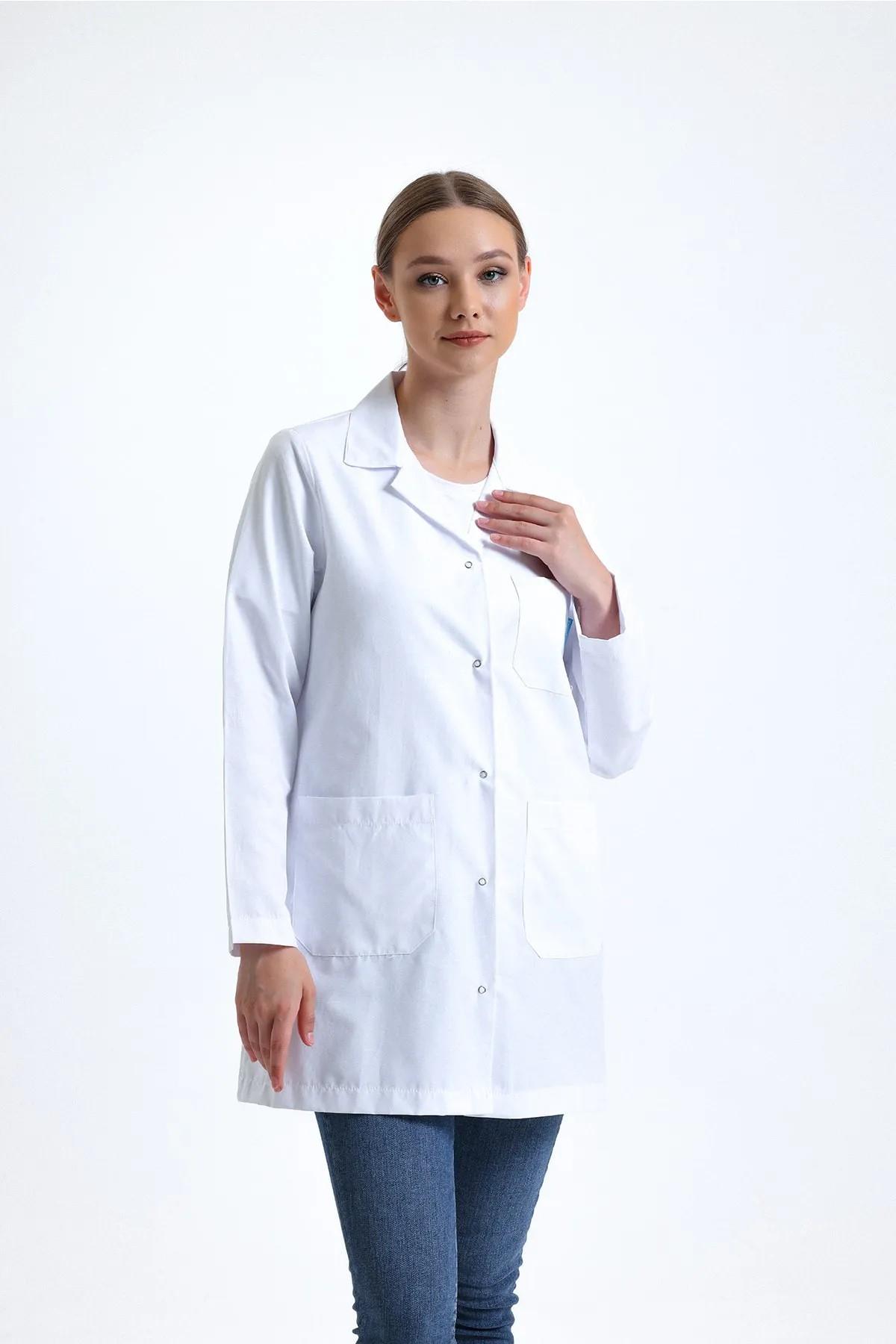 SnowForm Kadın Uzun Kol Beyaz Ceket Boy ÇıtÇıtlı Apaş Yaka Doktor Hemşire Öğretmen Önlüğü