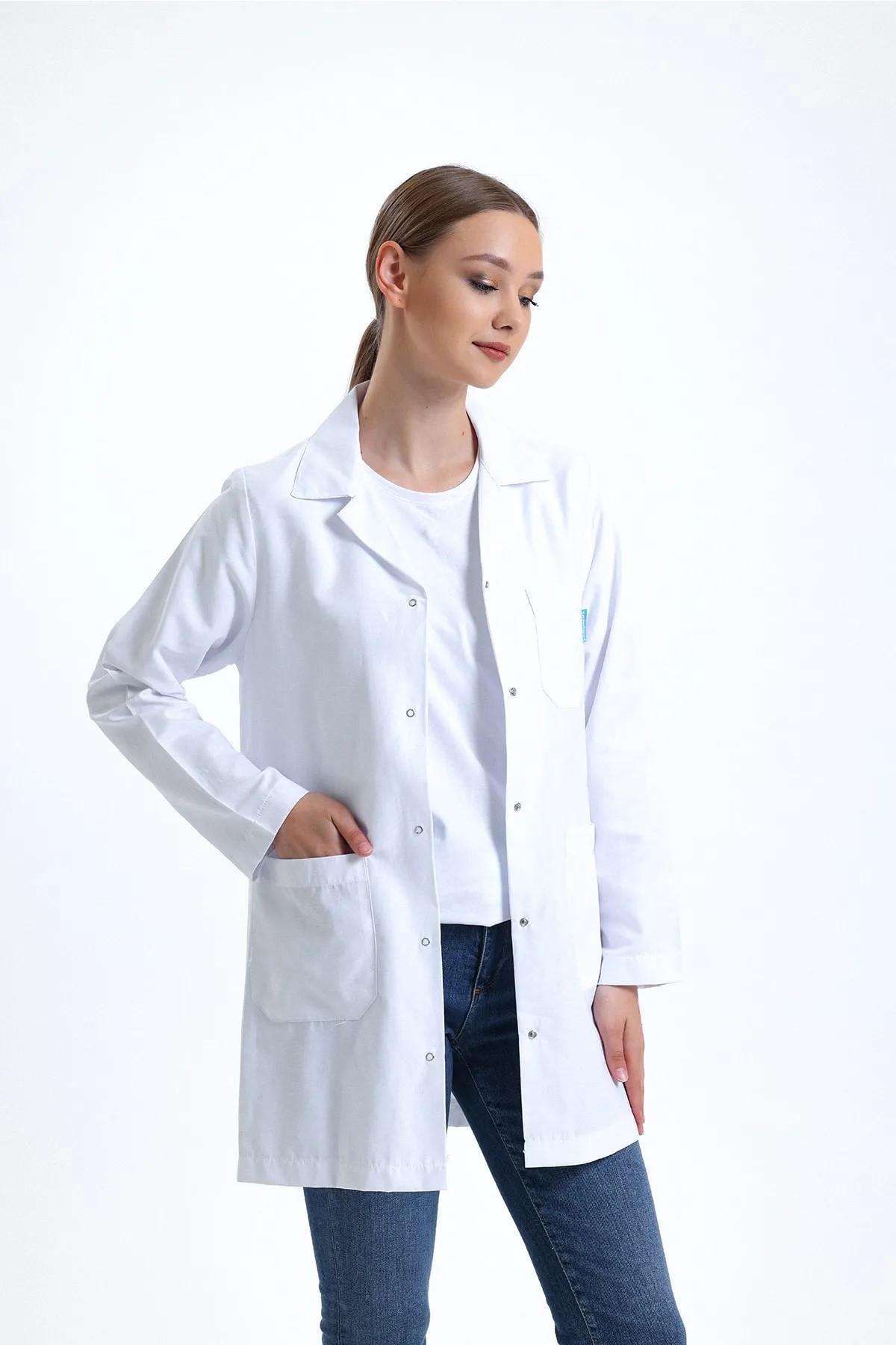 SnowForm Kadın Uzun Kol Beyaz Ceket Boy ÇıtÇıtlı Apaş Yaka Doktor Hemşire Öğretmen Önlüğü