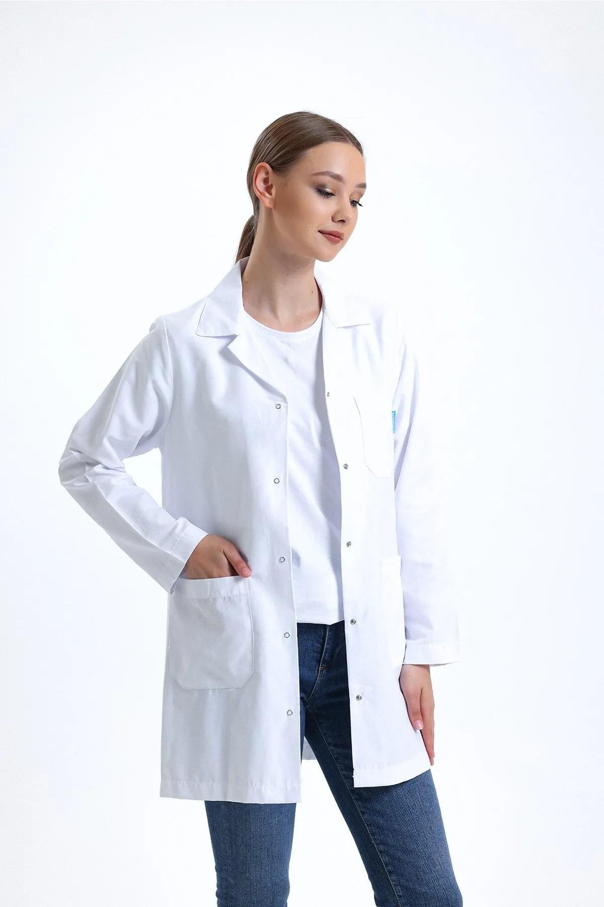 SnowForm Kadın Uzun Kol Beyaz Ceket Boy ÇıtÇıtlı Apaş Yaka Doktor Hemşire Öğretmen Önlüğü