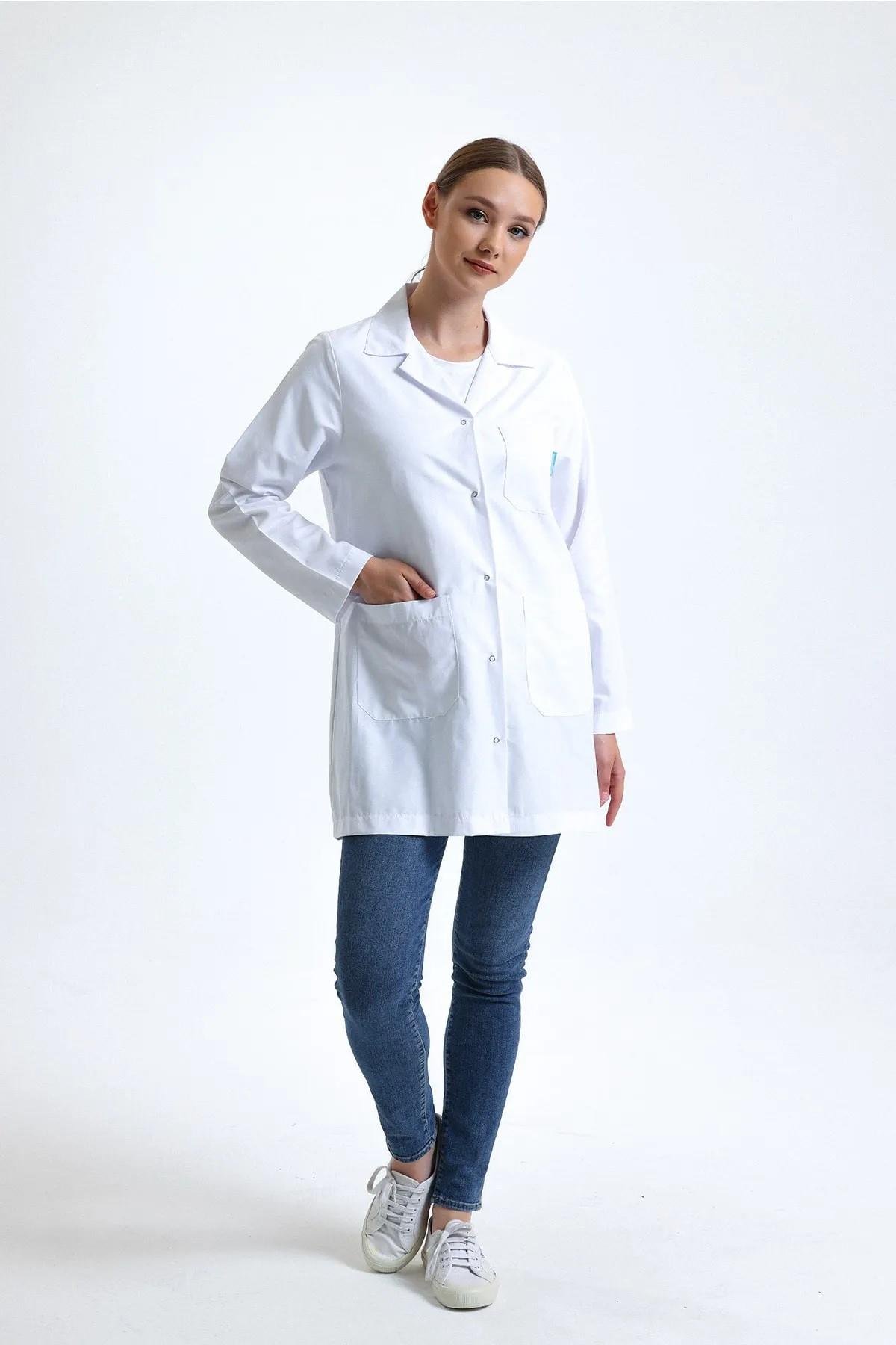 SnowForm Kadın Uzun Kol Beyaz Ceket Boy ÇıtÇıtlı Apaş Yaka Doktor Hemşire Öğretmen Önlüğü