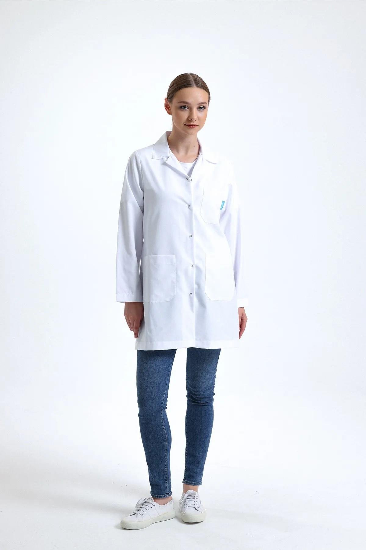 SnowForm Kadın Uzun Kol Beyaz Ceket Boy ÇıtÇıtlı Apaş Yaka Doktor Hemşire Öğretmen Önlüğü