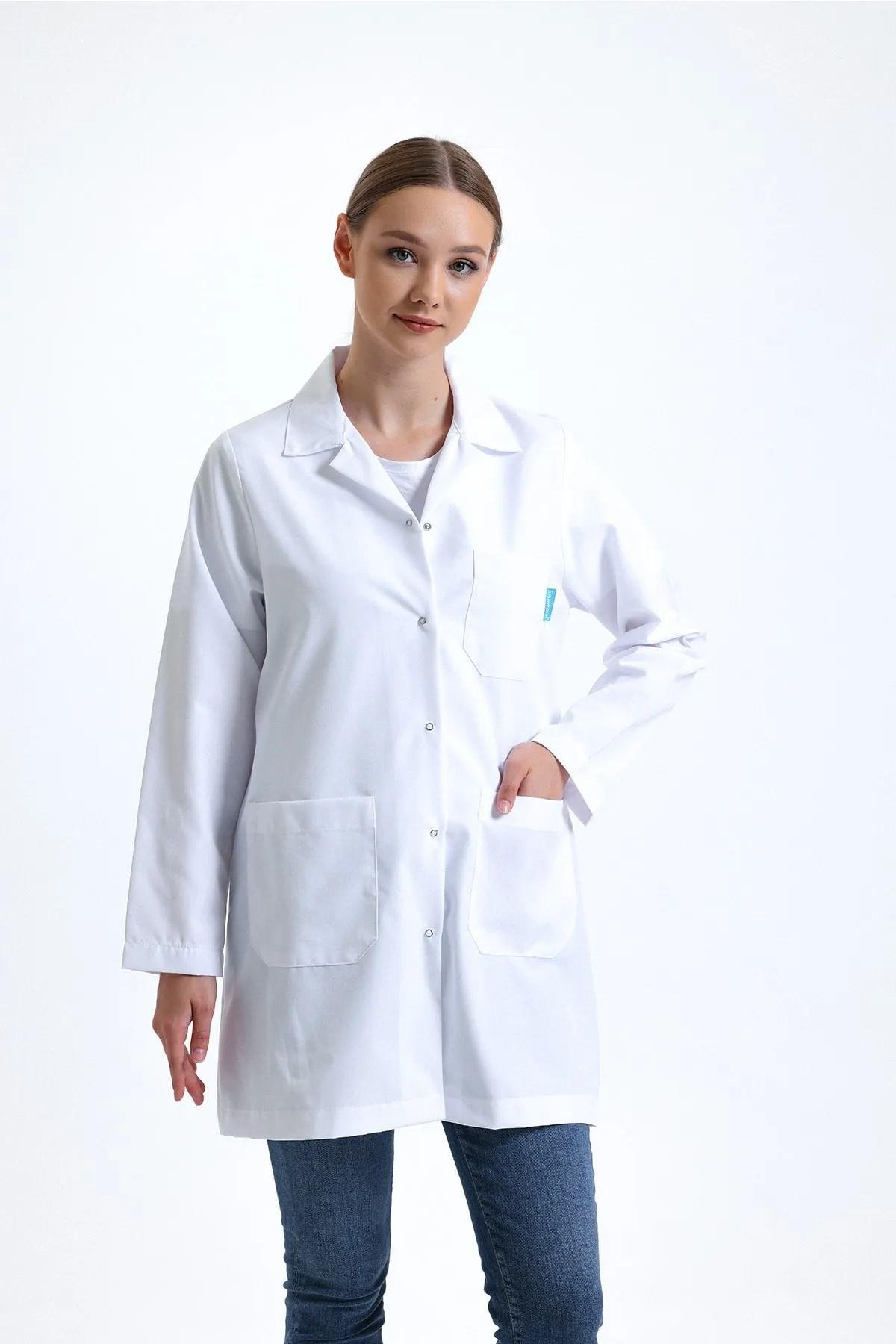 SnowForm Kadın Uzun Kol Beyaz Ceket Boy ÇıtÇıtlı Apaş Yaka Doktor Hemşire Öğretmen Önlüğü