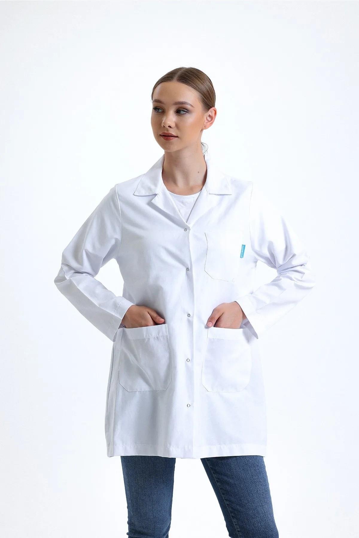 SnowForm Kadın Uzun Kol Beyaz Ceket Boy ÇıtÇıtlı Apaş Yaka Doktor Hemşire Öğretmen Önlüğü