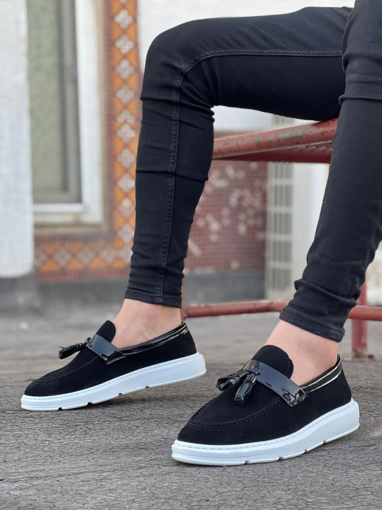 BA0005 Bağcıksız Yüksek Taban Siyah Beyaz Taban Kemerli Klasik Püsküllü Corcik Erkek AyakkabıBA0005 Bağcıksız Yüksek Taban Siyah Beyaz Taban Kemerli Klasik Püsküllü Corcik Erkek Ayakkabı