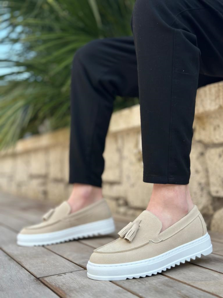 BA0154  Bağcıksız Yüksek Taban Keten Krem Renk Püsküllü Erkek AyakkabıBA0154  Bağcıksız Yüksek Taban Keten Krem Renk Püsküllü Erkek Ayakkabı