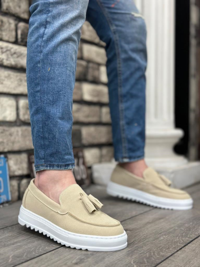 BA0154  Bağcıksız Yüksek Taban Keten Krem Renk Püsküllü Erkek AyakkabıBA0154  Bağcıksız Yüksek Taban Keten Krem Renk Püsküllü Erkek Ayakkabı