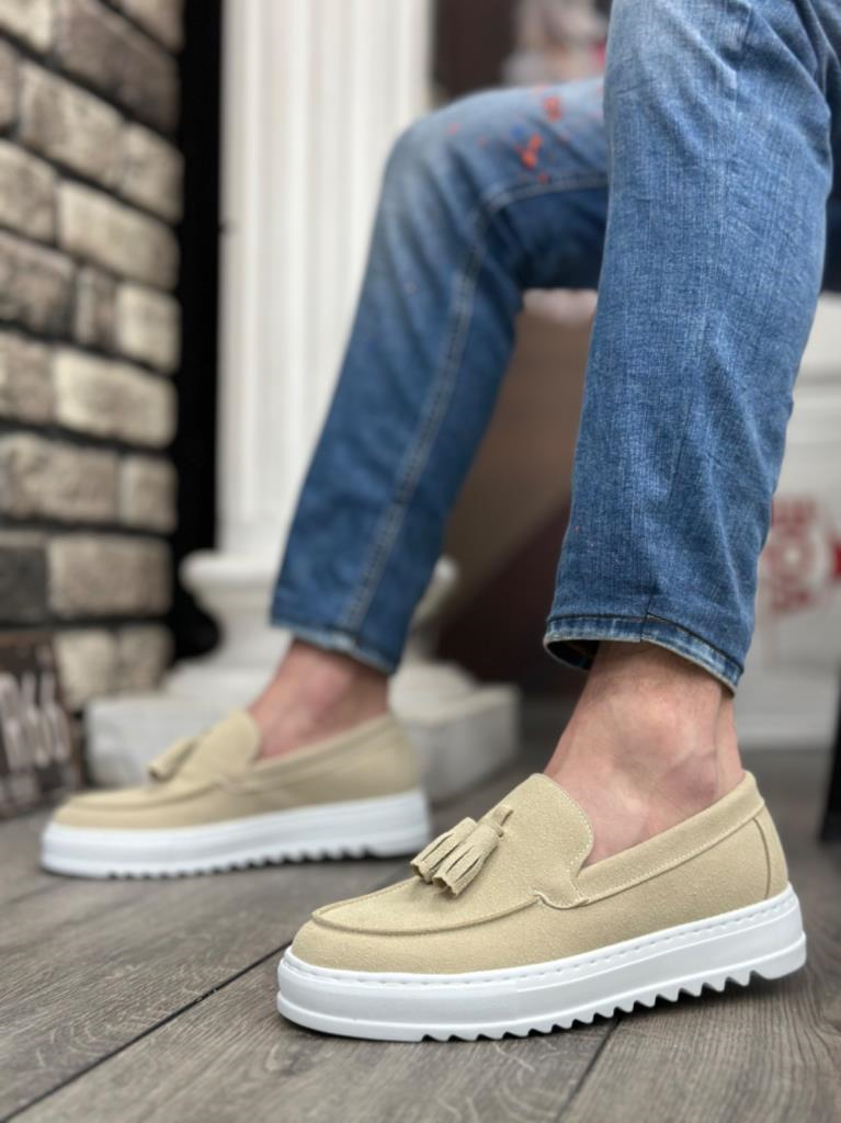 BA0154  Bağcıksız Yüksek Taban Keten Krem Renk Püsküllü Erkek AyakkabıBA0154  Bağcıksız Yüksek Taban Keten Krem Renk Püsküllü Erkek Ayakkabı