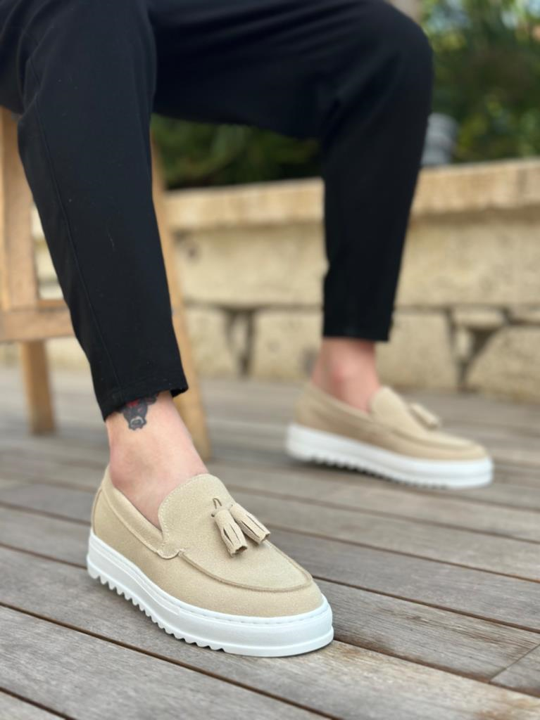 BA0154  Bağcıksız Yüksek Taban Keten Krem Renk Püsküllü Erkek AyakkabıBA0154  Bağcıksız Yüksek Taban Keten Krem Renk Püsküllü Erkek Ayakkabı