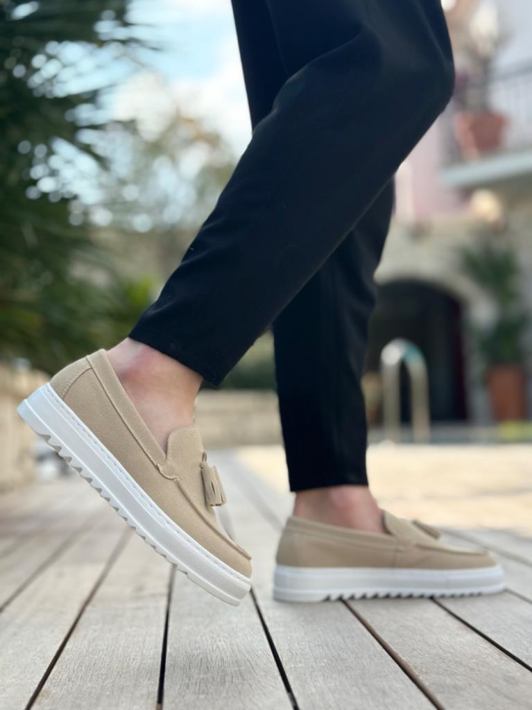 BA0154  Bağcıksız Yüksek Taban Keten Krem Renk Püsküllü Erkek AyakkabıBA0154  Bağcıksız Yüksek Taban Keten Krem Renk Püsküllü Erkek Ayakkabı