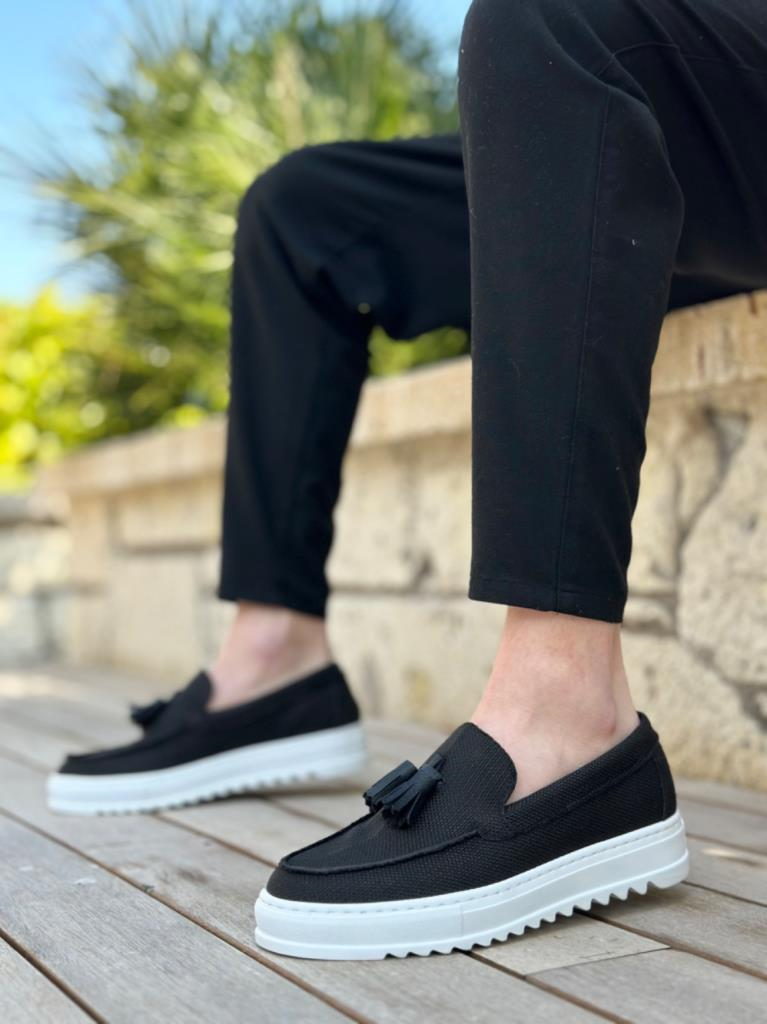 BA0154  Bağcıksız Yüksek Taban Keten Siyah Renk Püsküllü Erkek AyakkabıBA0154  Bağcıksız Yüksek Taban Keten Siyah Renk Püsküllü Erkek Ayakkabı