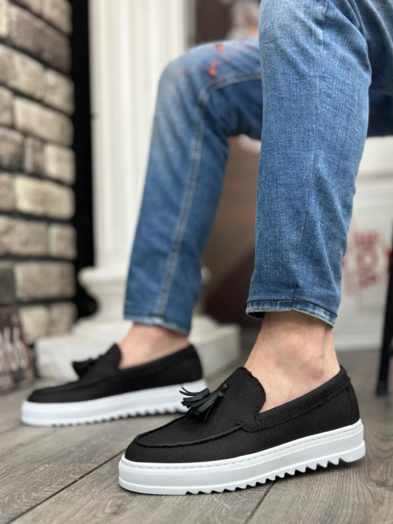 BA0154  Bağcıksız Yüksek Taban Keten Siyah Renk Püsküllü Erkek AyakkabıBA0154  Bağcıksız Yüksek Taban Keten Siyah Renk Püsküllü Erkek Ayakkabı